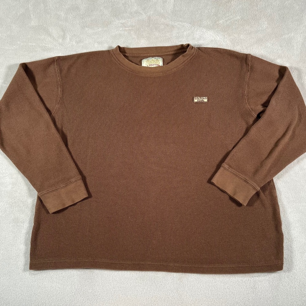 US Polo Assn Waffle Knit Thermal Shirt Men's Large Brown Long Sleeve Crewneck